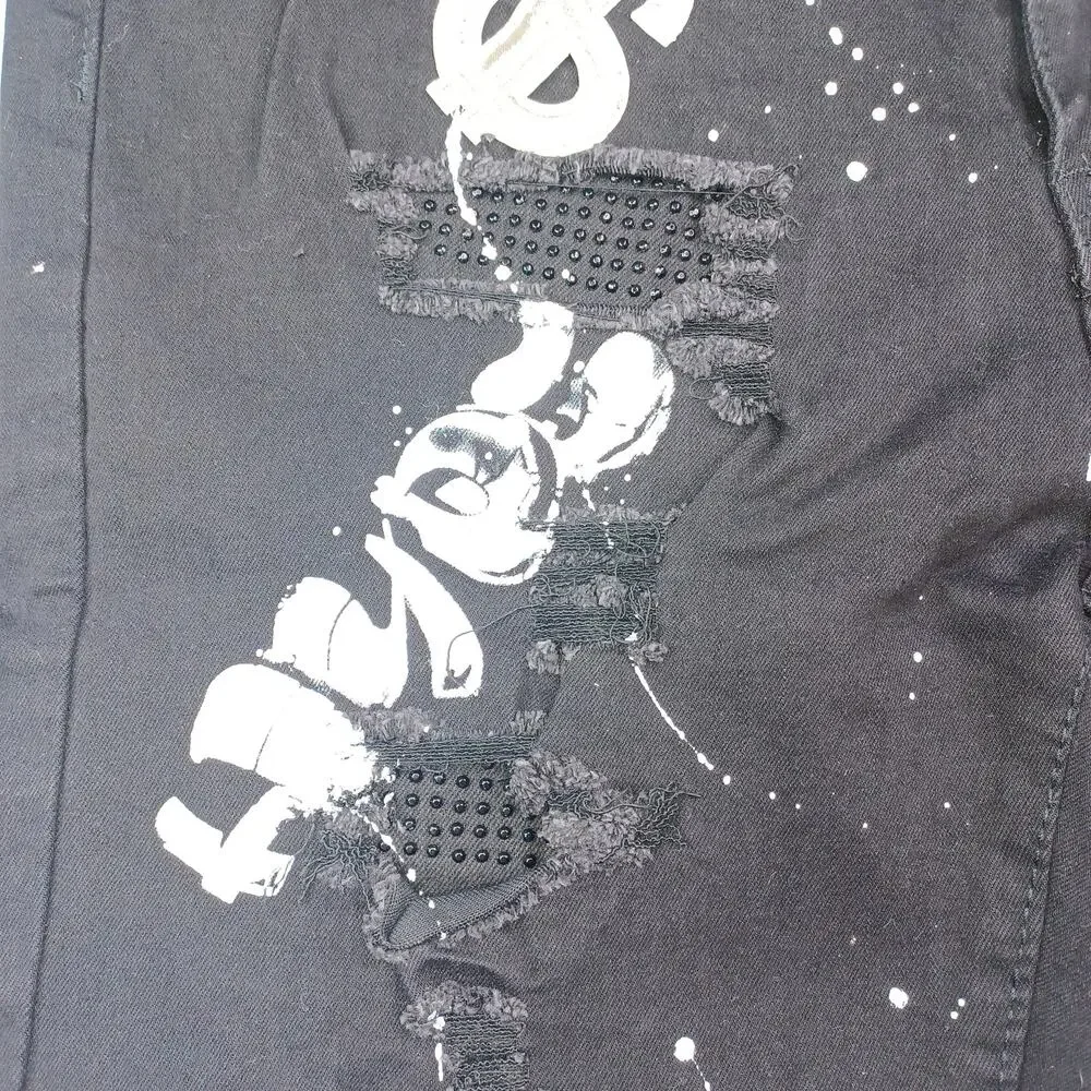 Waimea Black Skinny Fit Jean Shorts Men Size 32 Money Graffiti Paint Streetwear